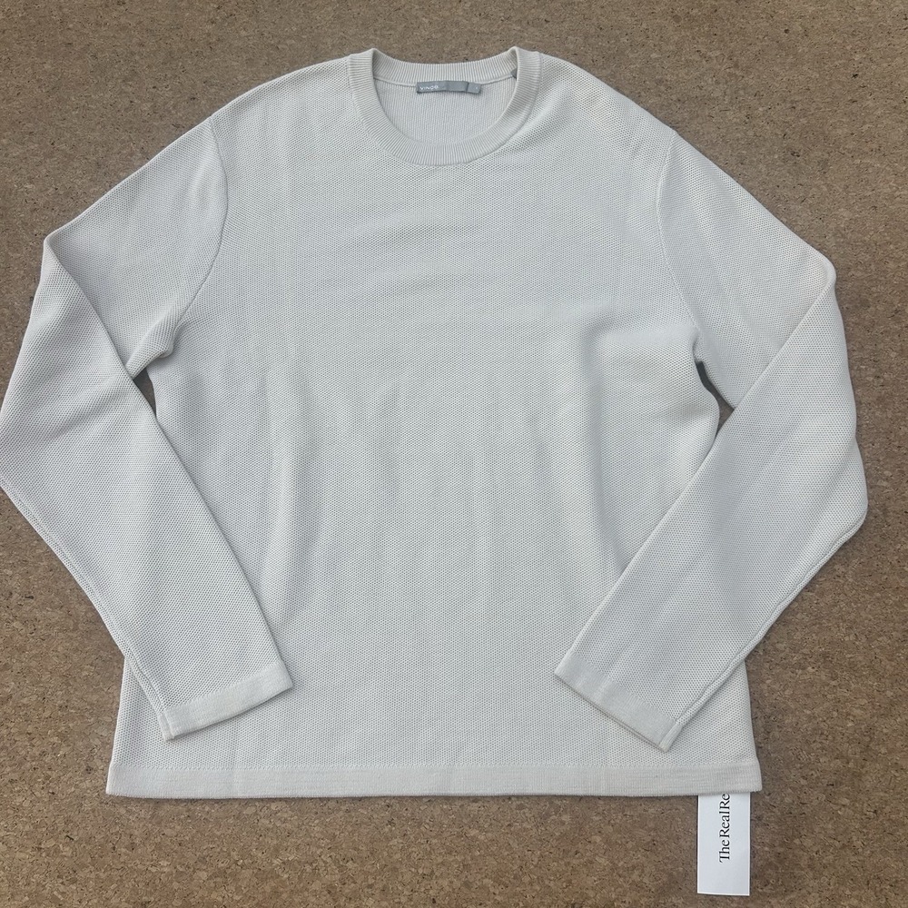 Vince Shirt Mens L Waffle Knit Thermal Crew Neck Long Sleeve Bone Minimalist Lux